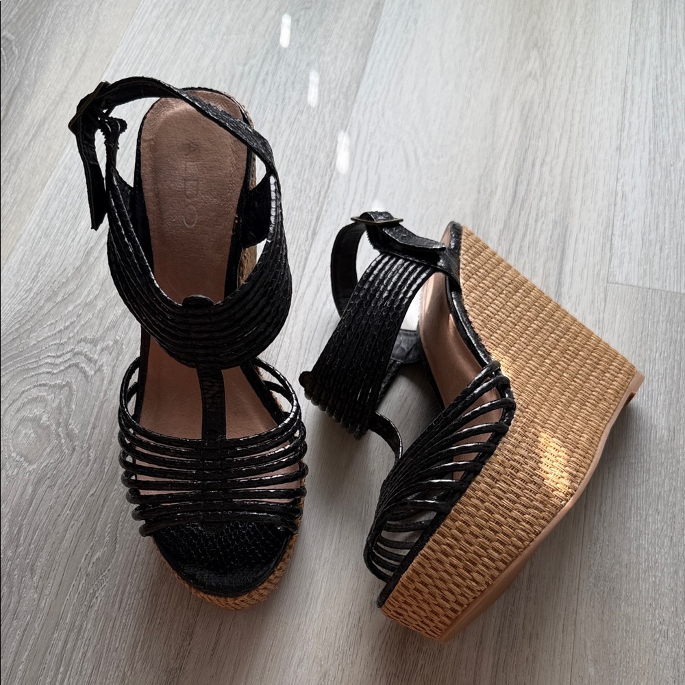 Black Woven Strappy Wedge Sandals
